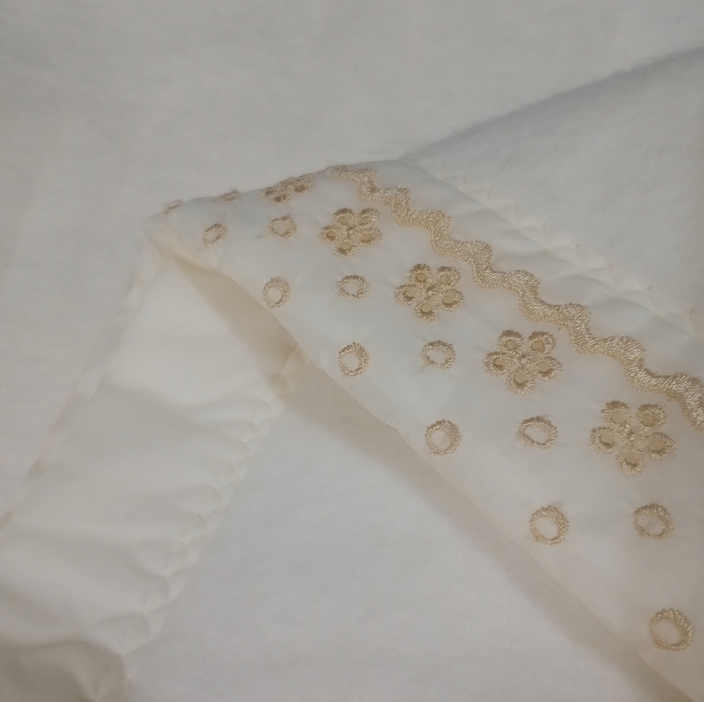 Vintage Wool Blanket With Floral Embroidered Satin Trim Ivory/Gold